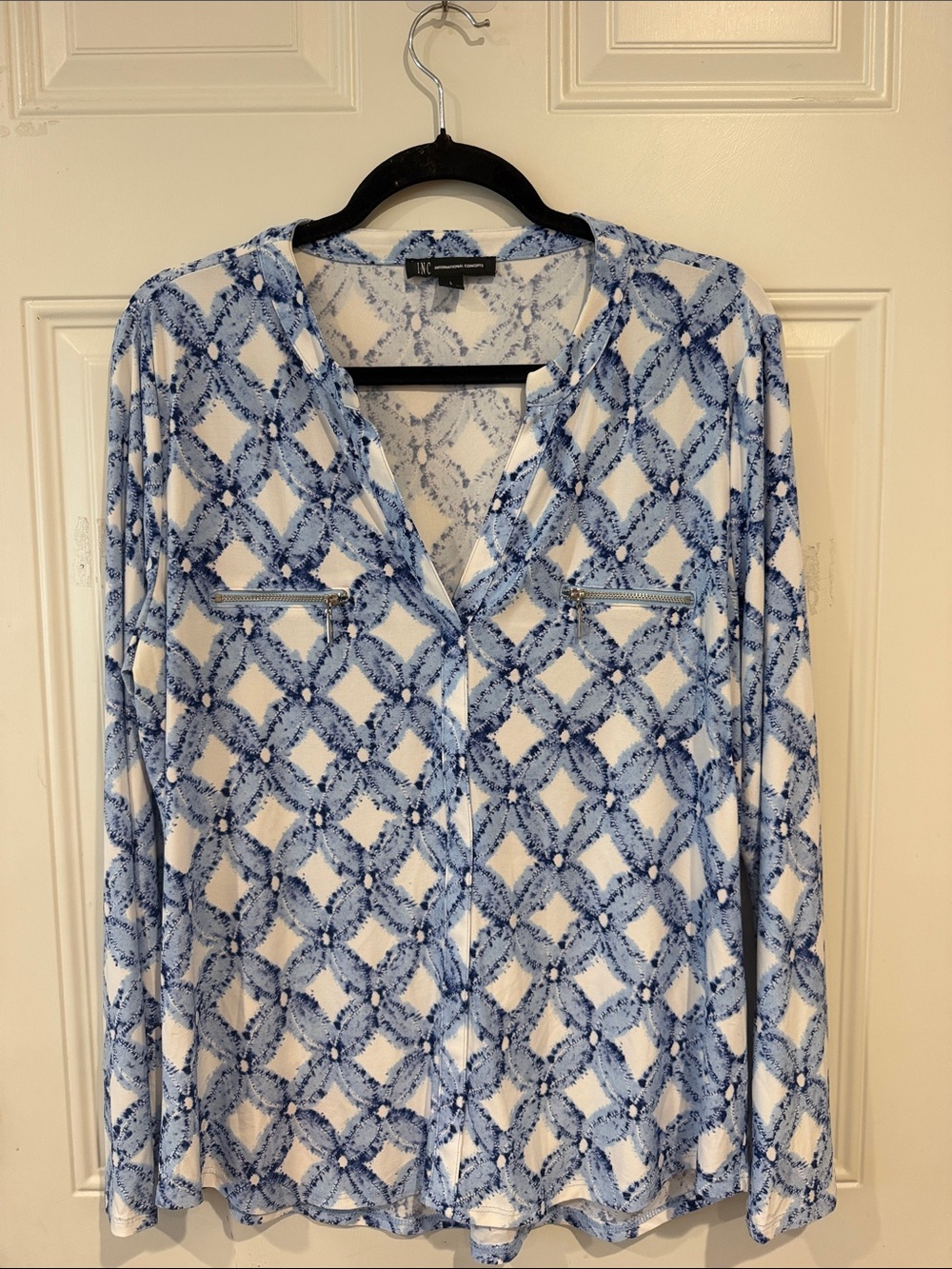 INC International Concepts Blue & White Printed Button-Down Blouse
